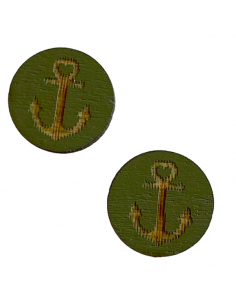 Coppia di cabochons tondi in legno verde oliva con ancora...