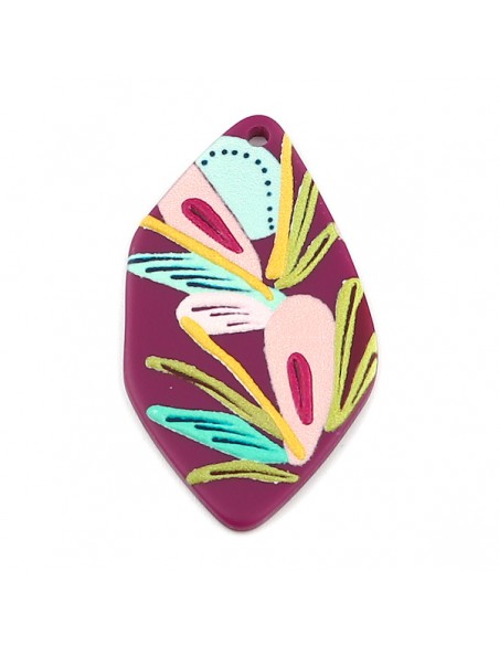 Charm in resina dalla forma irregolare color melanzana con in rilievo dei fiori 46x26mm, x1