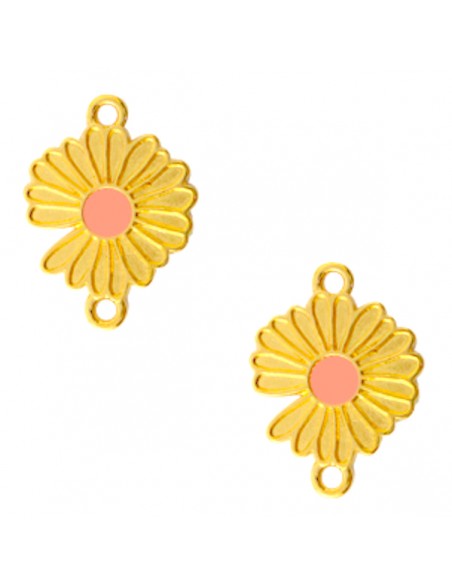 Charm distanziatore dorato margherita con smaltatura rosa  nel centro  24x18 mm, x 1