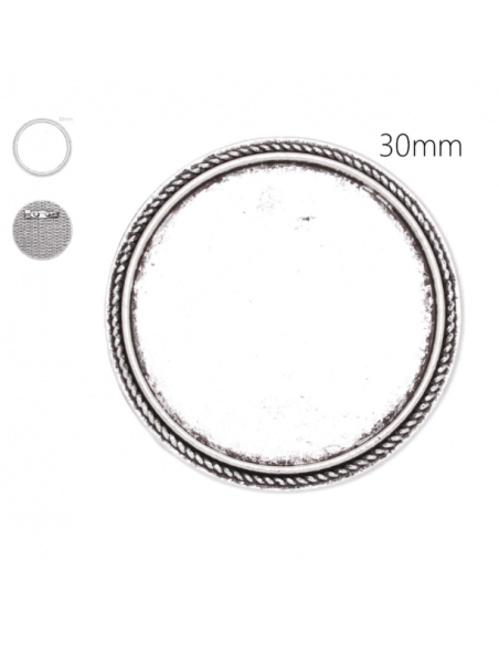 Spilla per abiti argentata antica tondo con piccolo bordino intrecciato, portacabochon da 30 mm