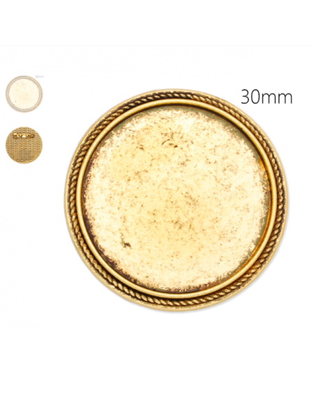 Spilla per abiti dorata antica tondo con piccolo bordino intrecciato, portacabochon da 30 mm