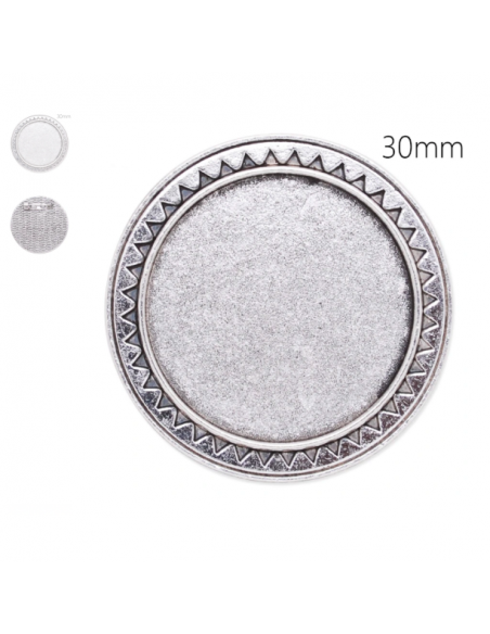 Spilla per abiti argentata antica tondo con bordo lavorato, portacabochon da 30 mm