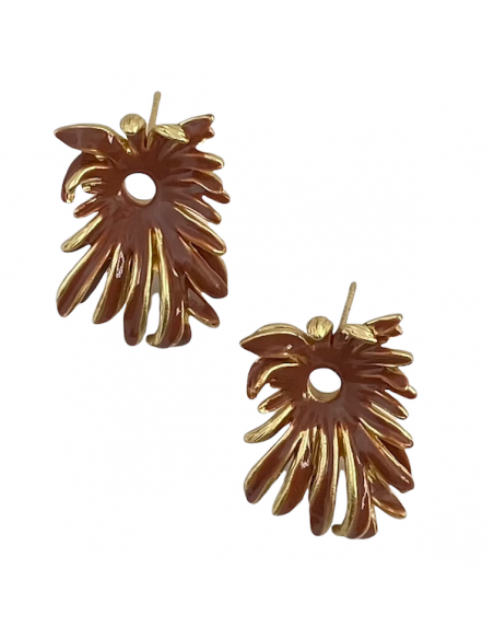 Orecchini a fiore a perno dorati smaltati cioccolato 25x13mm, una coppia