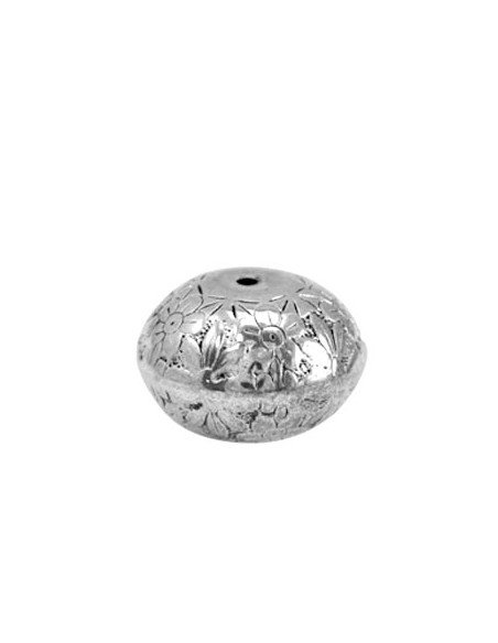 Perla in metallo argentata antico conica con decorazione floreale etnico chic 21x14 mm, x 1