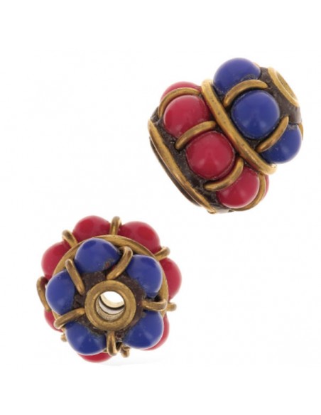 Perlina indonesiana color bronzo con perline blu e rosse 11,5x11mm, x 1