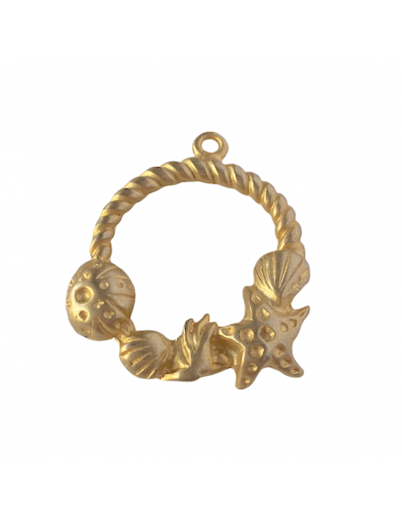 Charm pendente dorato matt media anella con motivo attorcigliato e soggetti marini circa 40x33mm, x 1