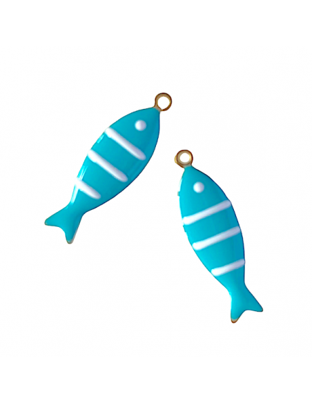 Charm pesce acciuga in ottone smaltato turchese a righe bianche su entrambi i lati circa 21x6mm, x 1