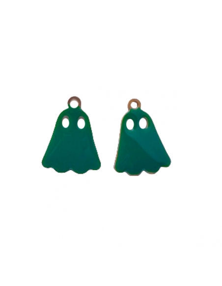 Coppia di charms fantasmino smaltato su entrambi i lati verde pino 11x14mm