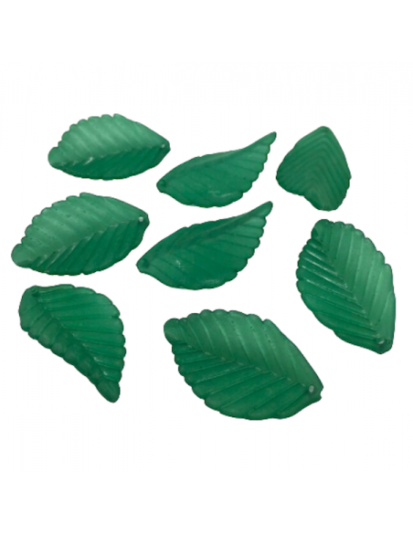 Charm foglia acrilico semitrasparente verde pino 31x18mm, una coppia