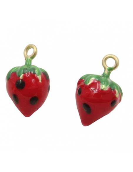 Charm in ottone dorato smaltato verde fragoline di bosco in 3D 7x3 mm circa, x 1