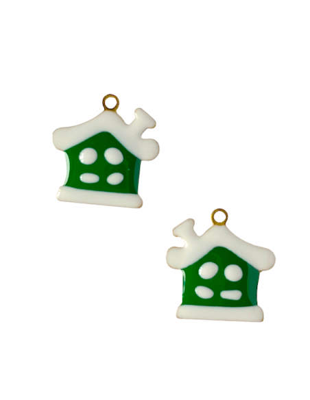 Charm in rame casetta verde innevata smaltata su entrambi i lati 16x16mm, x 1