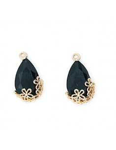 Charm dorato con vetro sfaccettato a goccia nero con...