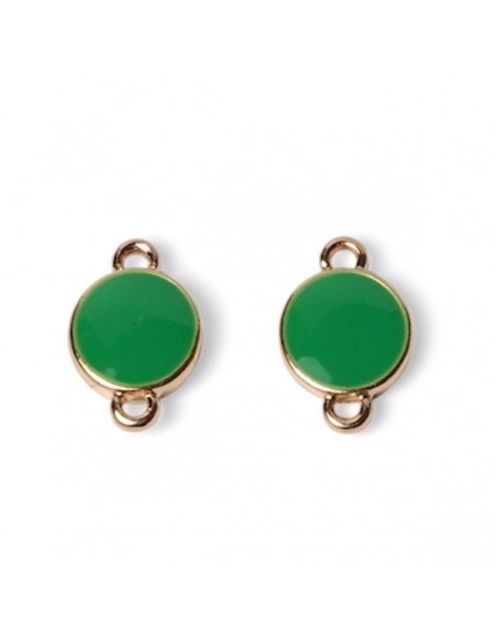 Charm tondo connettore dorato con smaltatura su entrambi i lati verde erba 13x9 mm, x 1