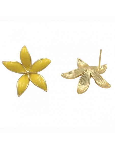 Orecchini a perno dorati matt smaltati gialli fiore a cinque petali 20 mm, una coppia