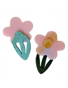 Charm senza foro fiore rosa con gambo acrilico 41x31mm, x 1