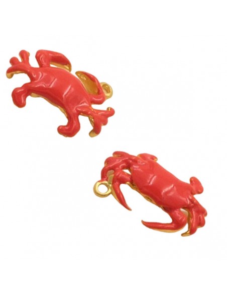 Charm dorato granchio smaltato corallo 15x10mm, x 1