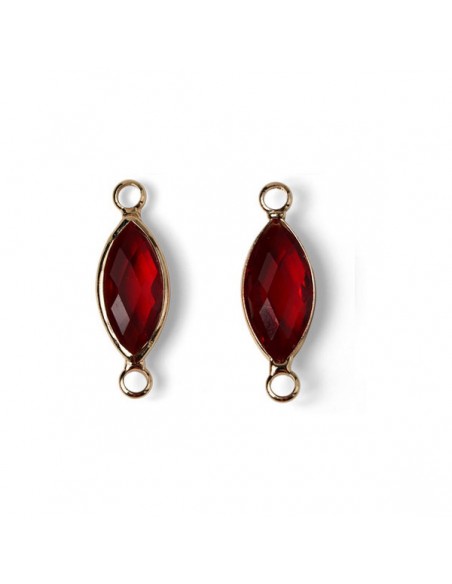 Charm dorato connettore on vetro sfaccettato elisse rosso 22x8 mm, x 1