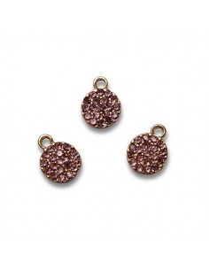 Charm dorato tondo 7 mm con piccoli strass rosa chiaro,  x1