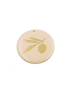 Charm tondo smaltato solo da un lato beige con foglia e...