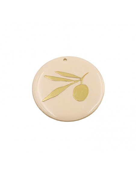 Charm tondo smaltato solo da un lato beige con foglia e bacca dorata 25 mm, x 1