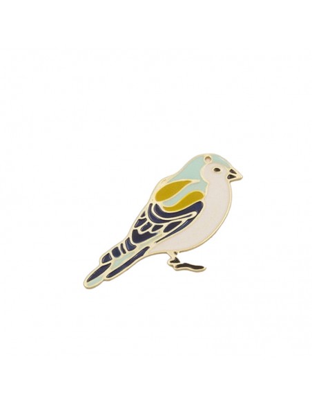 Charm cardellino dorato con smaltatutra panna, blu e senape 40x20 mm, x 1