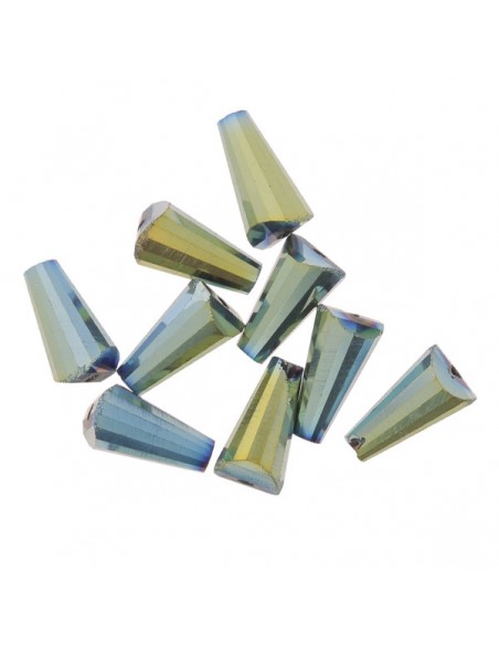 Confezione di 5 perline di vetro sfaccettate coniche sfumate nei toni azzurro metalizzato 8x4mm