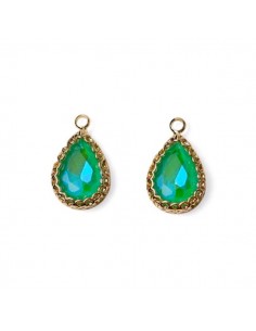 Coppia Charms dorato a goccia con vetro sfaccettato verde...