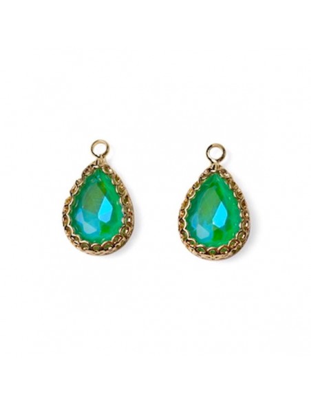 Coppia Charms dorato a goccia con vetro sfaccettato verde 17x20 mm, x 1