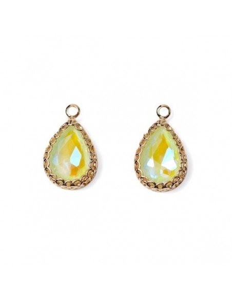 Coppia Charms dorato a goccia con vetro sfaccettato lime 17x20 mm, x 1