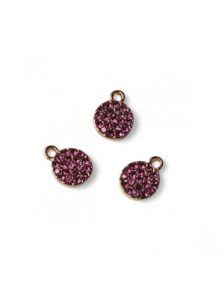 Charm dorato tondo 7 mm con piccoli strass fuxia,  x1