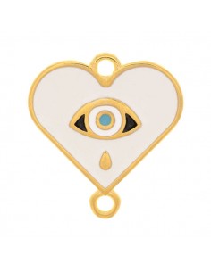 Charm cuore connettore dorato smaltato bianco con occhio...