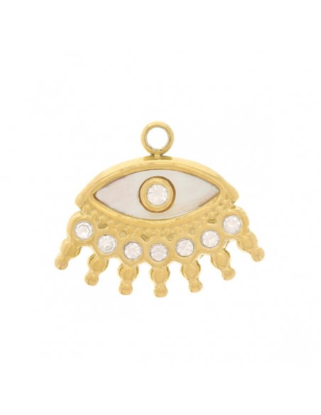 Charm dorato occhio della fortuna in acciaio inossidabile con madreperla e strass 13x15 mm, x 1