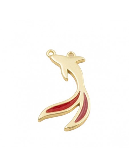 Charm connettore dorato dalla lunga pinna caudale smaltata rossa 19x8mm, x 1