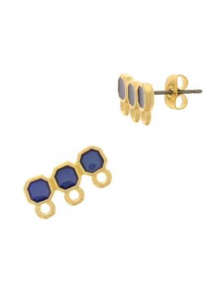 Orecchini a perno dorati tris di rettangoli con smaltatura blu 8x16 mm, una coppia