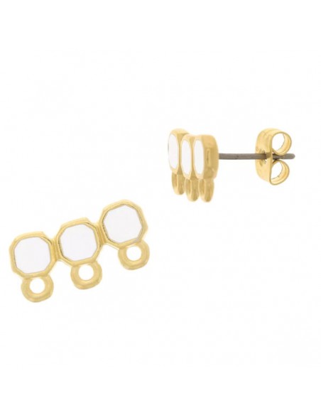 Orecchini a perno dorati tris di rettangoli con smaltatura panna effetto perlato 8x16 mm, una coppia