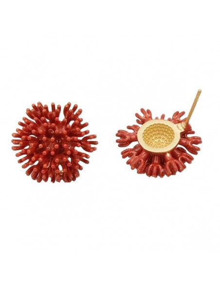 Orecchino a chiodo dorato satinato albero di corallo smaltato rosso 17mm, una coppia