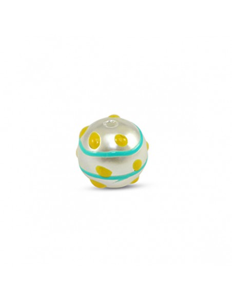 Perlina acrilica bianco latte con pois gialli e righe turchesi 12 mm, x 1