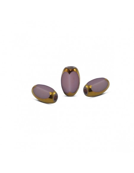 Confezione di 10 perline ovali in vetro lilla con bordo dorato 6x2,5 mm, foro circa 0,8 mm