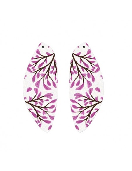 Coppia di pendenti in legno forma geometrica bianchi con fiori lilla"Boho Flower", rettangolari 58x21mm, una coppia