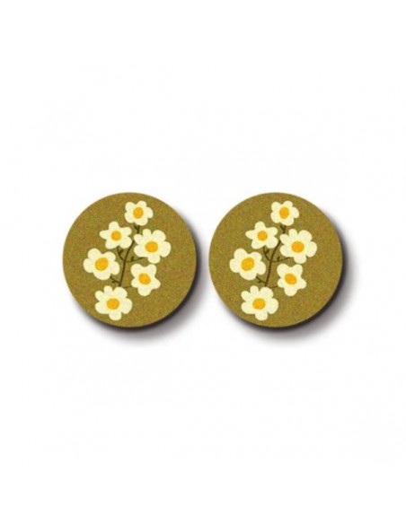 Coppia di cabochons in legno sfondo verde oliva fiori biachi collezione "Boho Flower" 16 mm, una coppia