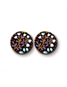 Coppia di cabochons in legno sfondo verde nero confiori...