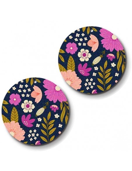 Coppia di grandi pendenti in legno tondi sfondo blu con fiori collezione "Boho FLOWER", 45 mm, una coppia