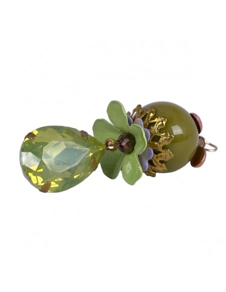 "Le Bacche" di Koccode fatto a mano con perla in resina verde oliva, mezzi cristalli, fiori smaltati vintage 53x18 mm, x 1