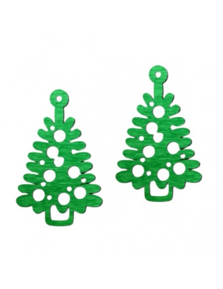 Coppia di charm in legno collezione "Christmas" albero di Natale verde intarsiato 45x32 mm, una coppia