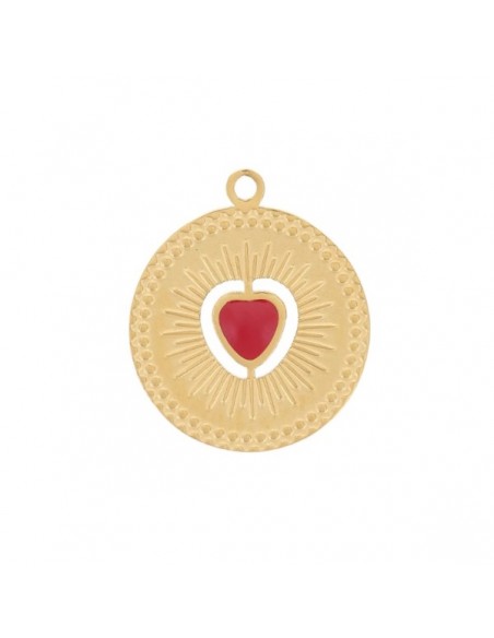Charm medaglietta dorata in acciaio con al centro cuore rosso 15x13, x 1