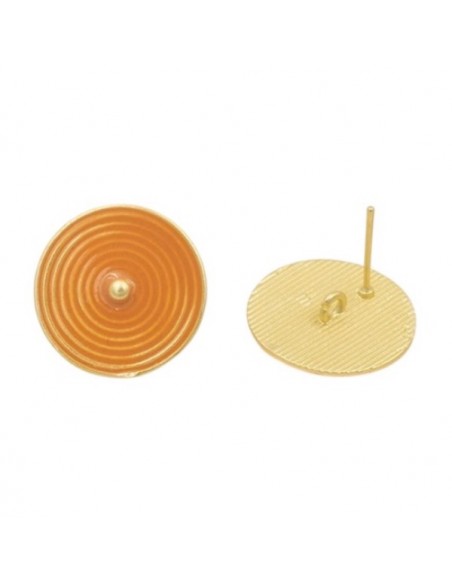 Orecchini a perno dorati tondo con lavorazione circolare smaltato corallo 20 mm, una coppia