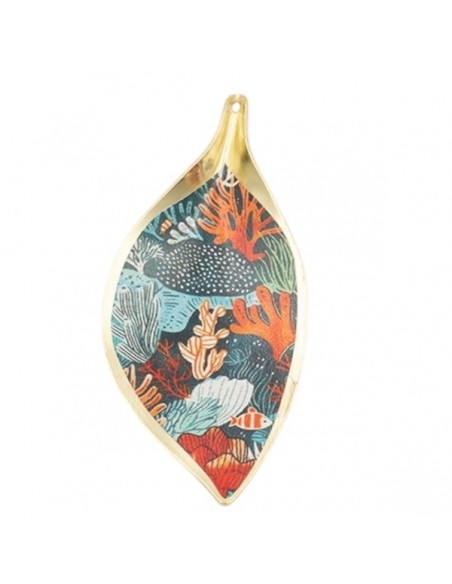 Charm foglia leggermente ondulato dorato con stampa fondale marino 56x26mm, x 1