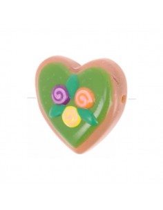 Perla in vetro cuore sfondo verde con fiorellini  24 mm, x 1