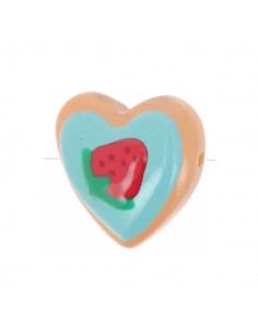 Perla in vetro cuore sfondo azzurro con fragola 24 mm, x 1