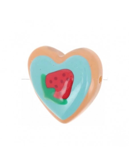 Perla in vetro cuore sfondo azzurro con fragola 24 mm, x 1